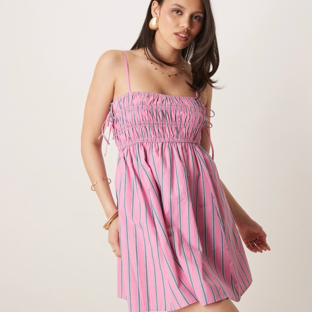 Abercrombie & Fitch babydoll smocked poplin maxi dress in pink and blue stripes